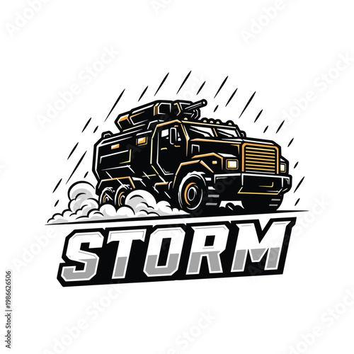 Armored Military Truck Illustration with Storm Text Design.