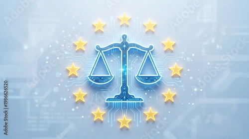 EU Digital Justice Concept with Balance Scale and Circuit Network
