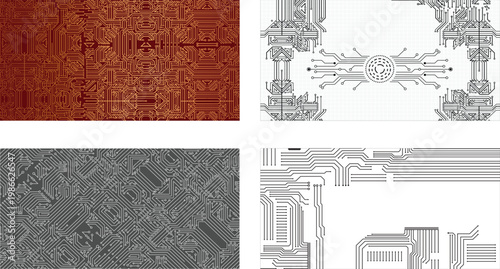 Collection of Geometric Circuitry Pattern on White Background