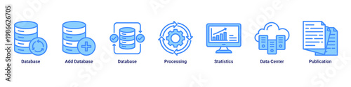 Data Management web banner icon vector illustration with icons of Database, Add Database, Database, Processing, Statistics, Data Center and Publication