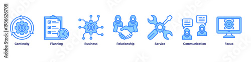 Business Continuity web banner icon vector illustration with icons of Continuity, Planning, Business, Relationship, Service, Communication and Focus