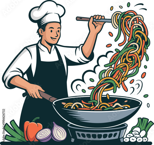 Chef cooking street food in wok outdoors vector on white background.