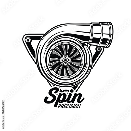 Black and white vector illustration of a car turbocharger emblem design.