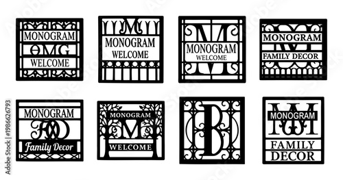 Monogram Welcome Family Decor Frame Sign Set- Collection of decorative monogram welcome and family signs in ornate frames, ideal for personalized home decor, entryway displays, and wall accents.