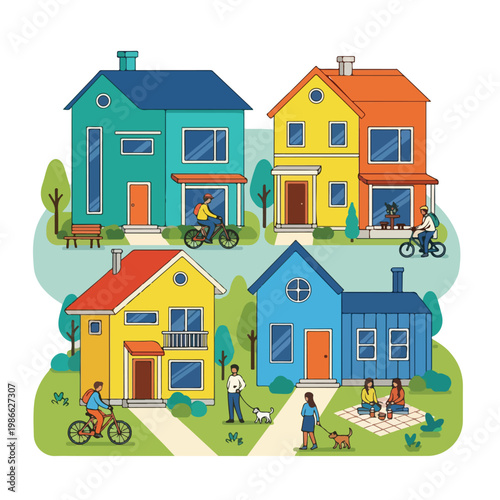Colorful neighborhood scene with houses
