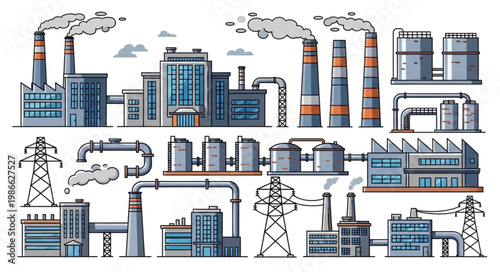 Collection of industrial factory buildings and power transmission towers.