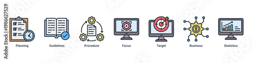 Risk Planning web banner icon vector illustration with icons of Planning, Guidelines, Procedure, Focus, Target, Business and Statistics