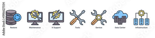 Recovery Process web banner icon vector illustration with icons of Restore, Maintenance, It Support, Tools, Service, Data Center and Infrastructure