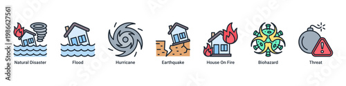 Disaster Impact web banner icon vector illustration with icons of Natural Disaster, Flood, Hurricane, Earthquake, House On Fire, Biohazard and Threat