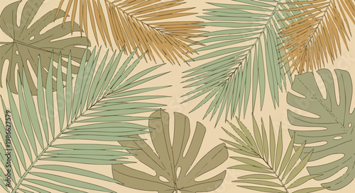 Tropical leaves pattern with green and brown hues