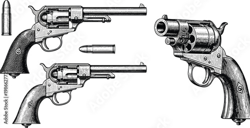 Antique Revolvers with Detailed Illustration of Bullets and Mechanisms