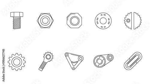 Set of mechanical parts outline icons including nuts, bolts, gears, and various connecting components.