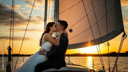 Newlywed Couple Embracing Kissing On Sailboat During Sunset Creating Romantic Wedding Scene For Wedding Photography Couple-themed Marketing Materials