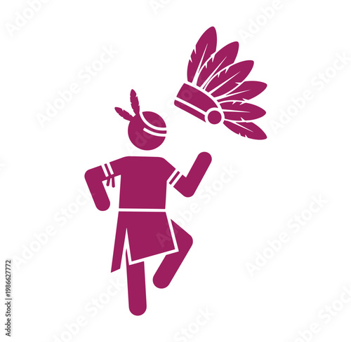 magenta silhouette of a running native american with a feathered headdress flying off