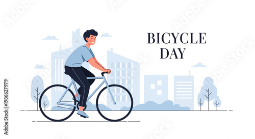 On Bicycle Day, a cyclist enjoys an urban biking lifestyle, rendered in a clean vector illustration style with a focus on sustainable mobility and healthy living against a backdrop