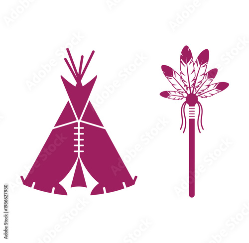 Native American teepee and feathered headdress on white background