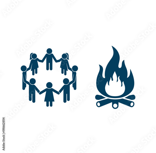 People holding hands in a circle and a campfire with flames and logs