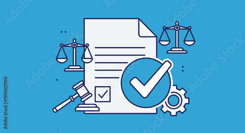 Legal document with scales of justice gavel and checkmark, symbolizing law, justice, compliance, regulation, and fair judgment for legal matters.
