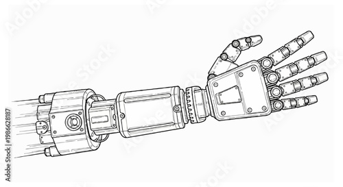 A detailed black and white line drawing of a mechanical robotic arm with an open five-fingered hand isolated on a plain white background.