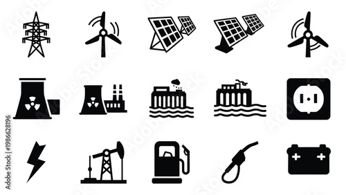 Energy production and power generation symbols in solid black style.