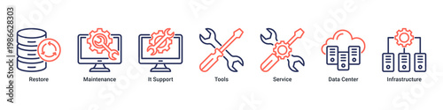 Recovery Process web banner icon vector illustration with icons of Restore, Maintenance, It Support, Tools, Service, Data Center and Infrastructure