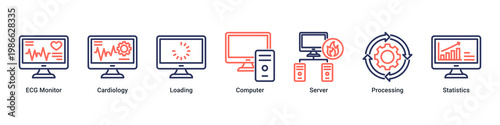 System Monitoring web banner icon vector illustration with icons of ECG Monitor, Cardiology, Loading, Computer, Server, Processing and Statistics