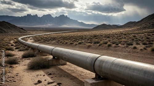 Winding Industrial Pipeline Transports Resources Across Desolate Desert Landscape Mountains Dramatic Sky Create Background For Energy Industry Transportation Environmental Themes
