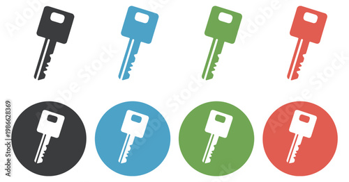 Key icon set, key lock icons, access account login and password symbols, house key security concept, vector interface app icons.