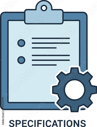 Specifications word with a clipboard and a gear on a gray background, all in a blue line art style.