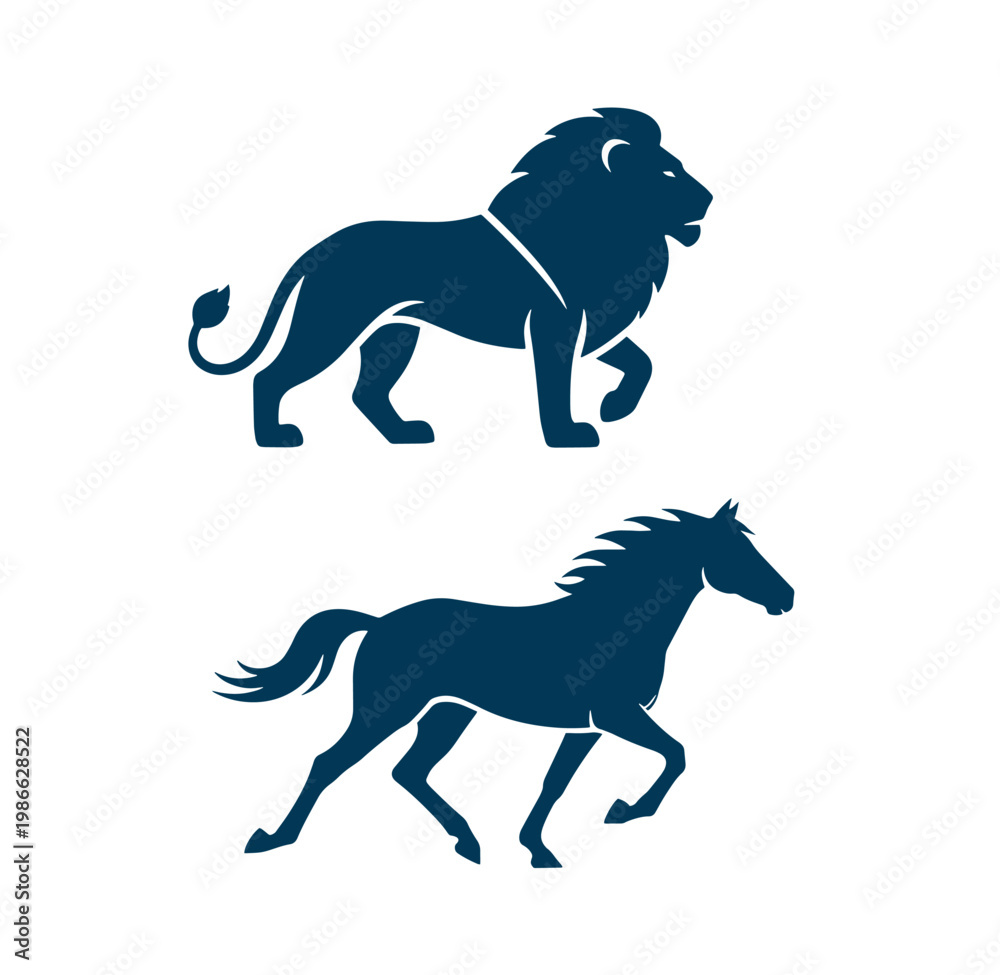 Fototapeta premium silhouette of lion and horse running side by side on white background