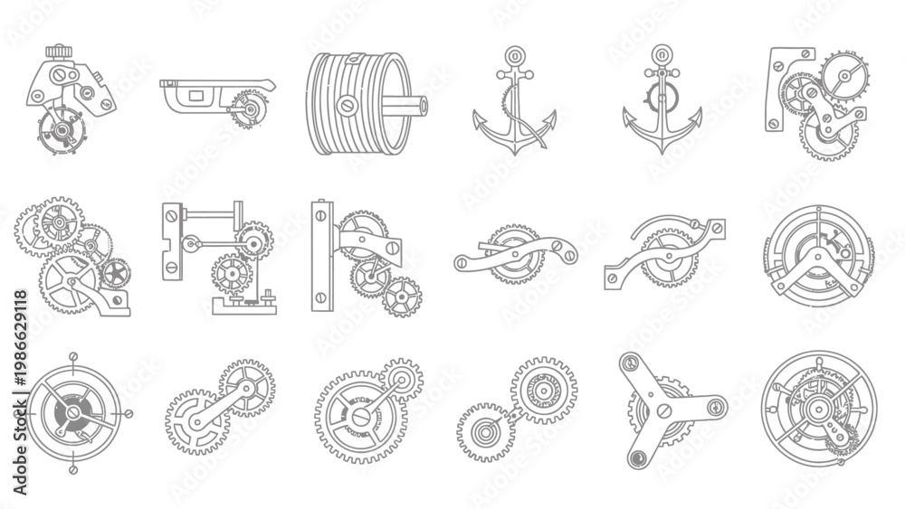 Obraz premium Set of vintage clock mechanism parts with gears and anchors in line art style.