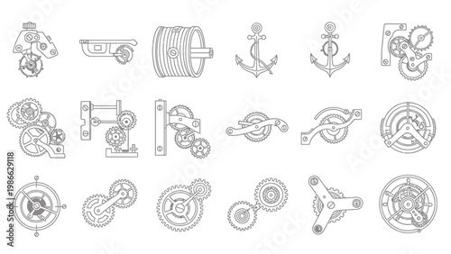 Set of vintage clock mechanism parts with gears and anchors in line art style.