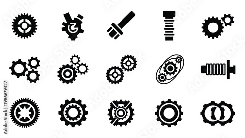 Mechanical hardware components and interlocking gear shapes set in black silhouette.