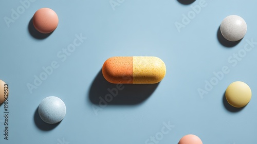Colorful capsule and tablets minimal medical background concept