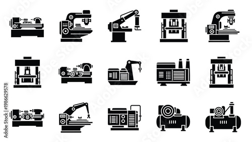 Heavy industrial machinery icon set includes presses, lathes, robotic arms, and factory equipment for manufacturing.