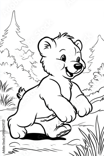 A cute cartoon bear cub is happily walking through a forest with trees and bushes in the background.