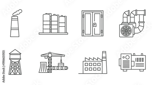 Industrial manufacturing icon set with factory buildings and equipment line art.