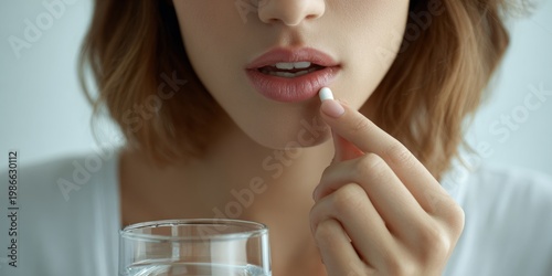 Close up woman taking pill with water healthcare concept