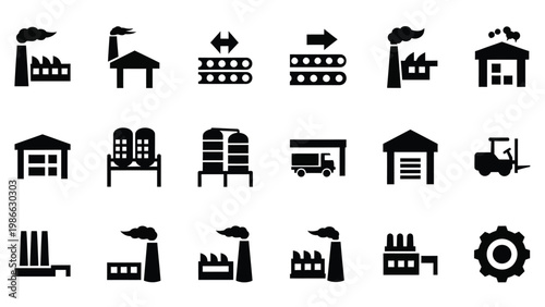 Solid black silhouette icons for warehouse logistics and industrial facilities.