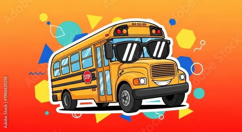 Cartoon yellow school bus with sunglasses on colorful geometric background