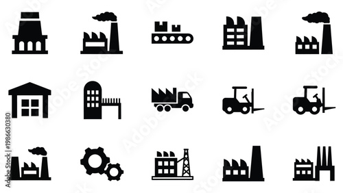 Black industrial silhouette icons featuring manufacturing plants and logistics.