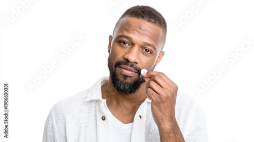 Man taking pill isolated on white background portrait