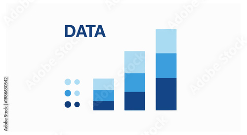 Blue bar chart with DATA text and six dots on a white background.