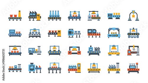 Factory production line machinery icons for industrial automation and manufacturing.