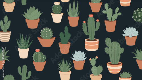 Elegant seamless pattern of various cacti and succulent plants in diverse ceramic pots on a dark charcoal gray background for high contrast decor.