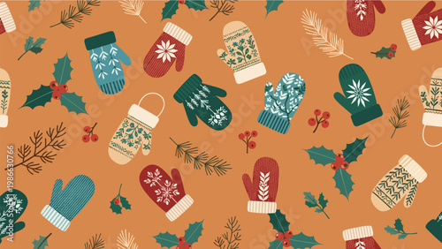Cozy winter seamless pattern with various knitted mittens evergreen branches and holly berries on a warm terracotta orange background for holiday.