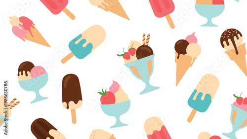 Vibrant seamless pattern with various scoops of ice cream in cones sundaes and popsicles with fruit and chocolate on a white background for kids.