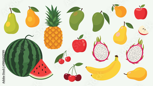 Assortment of fresh and colorful fruits including watermelon pineapple dragon fruit mango banana and berries on a light background for nutrition.