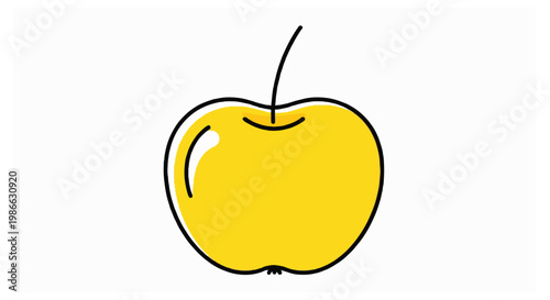 A yellow apple with a black outline and a single stem on white.