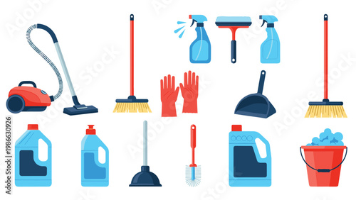 Comprehensive set of cleaning equipment and supplies including a vacuum, broom, bucket, gloves, and various spray bottles.